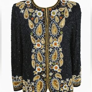 Laurence Kazar Vintage 80s Silk Beaded Sequin Blazer Cardigan Medium
